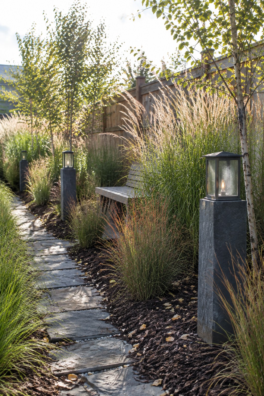 A narrow garden path of irregular gray stone slabs runs beside beds of tall green and reddish native grasses, with two dark lanterns mounted on stone pillars and a wooden bench visible in the background.