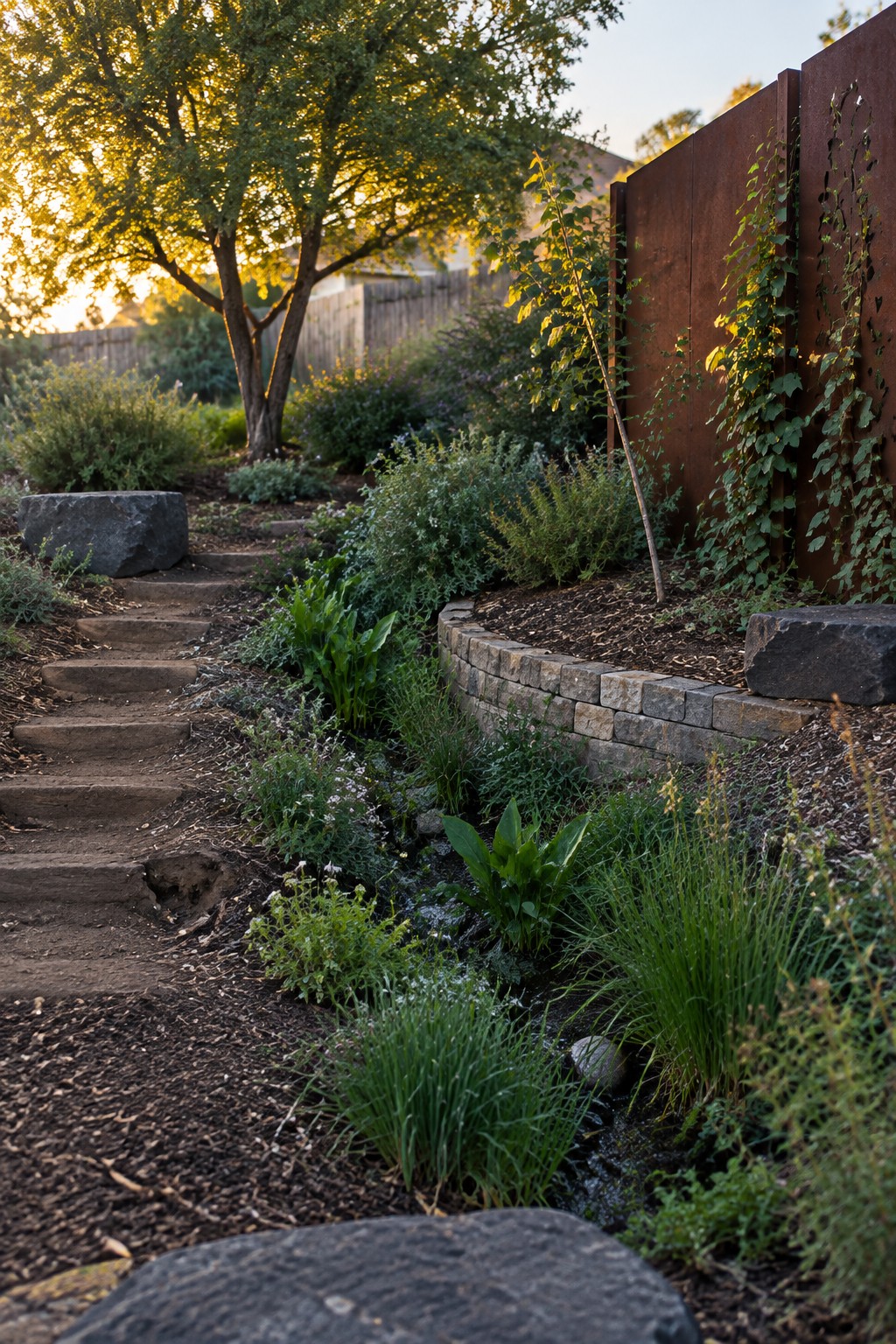 Stone steps curve through lush garden plants beside a rusted metal fence and retaining wall.