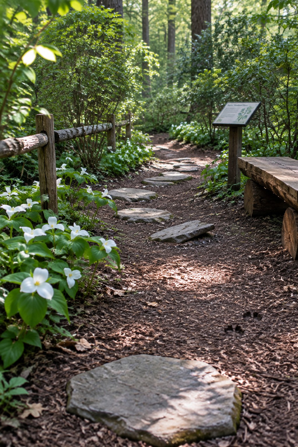 A dirt path lined with irregular flat stepping stones winds through a wooded area with white wildflowers, green foliage, a wooden rail fence, a bench, and an informational sign.