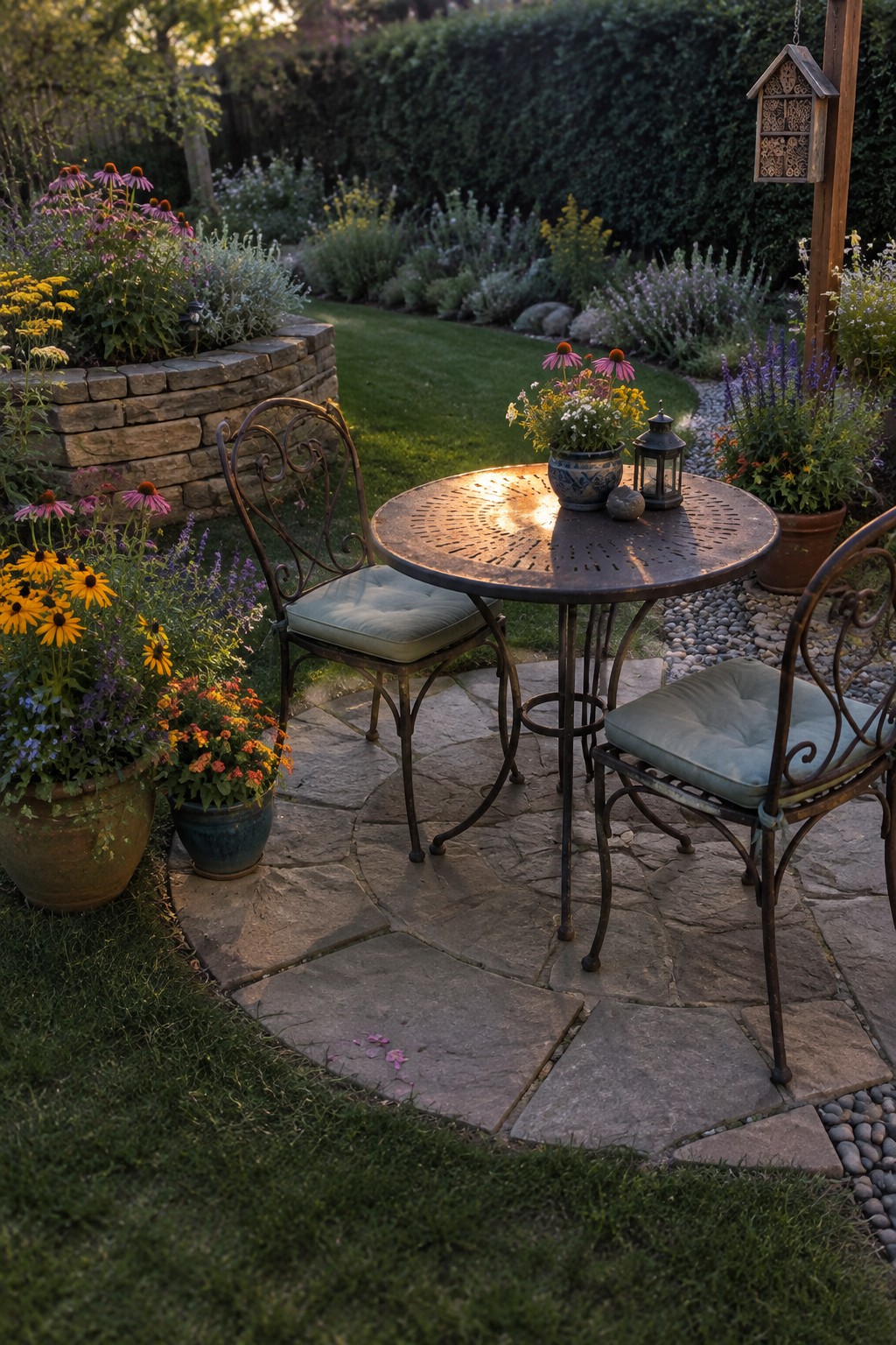 A round metal patio table with two chairs sits on a stone paver circle, surrounded by pots and garden beds filled with colorful native flowers including purple coneflowers and yellow black-eyed Susans.
