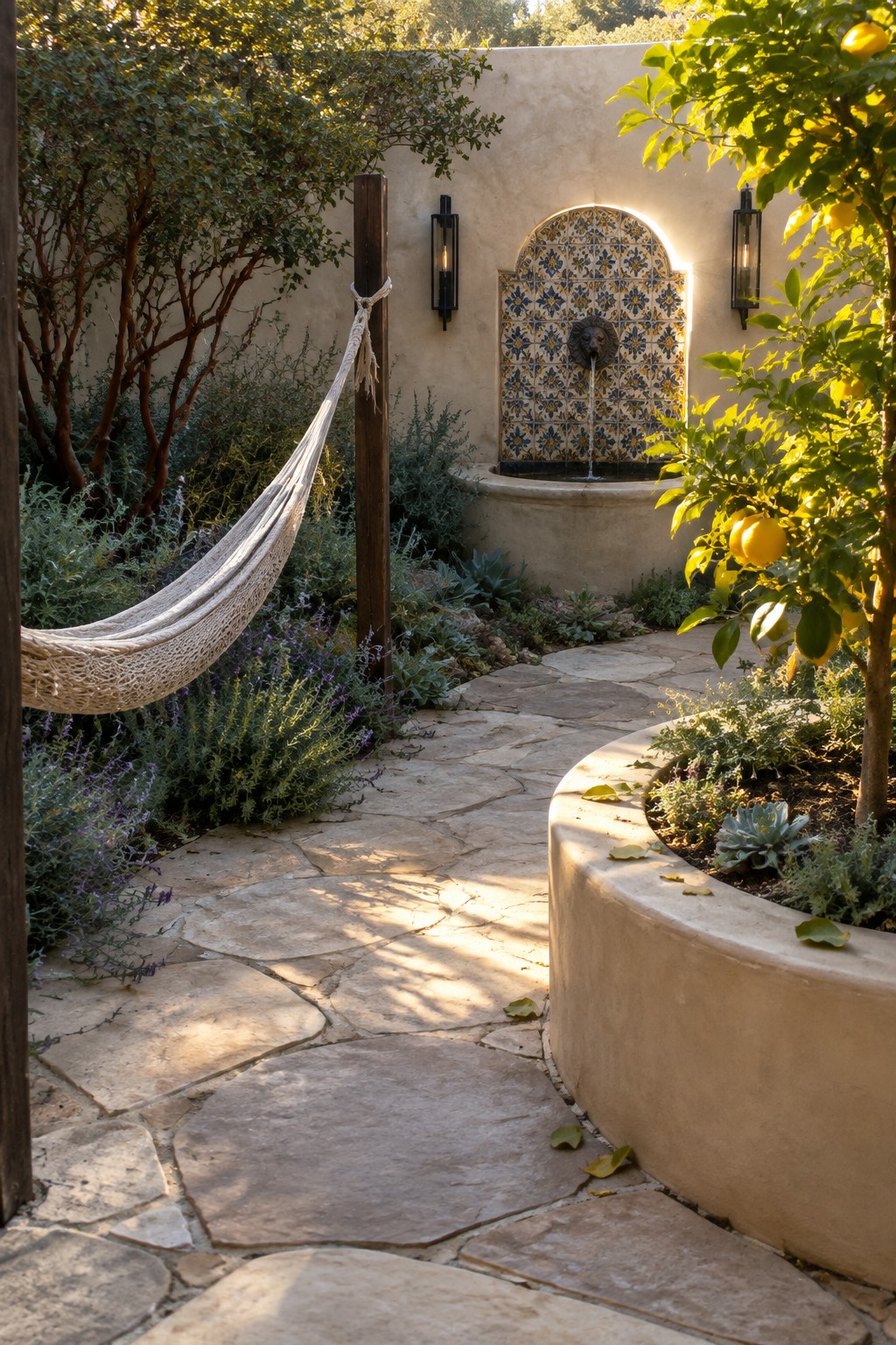 A curving flagstone path runs past layered native shrubs and a hammock toward a tiled fountain on a stucco wall, with a lemon tree in a raised bed nearby.