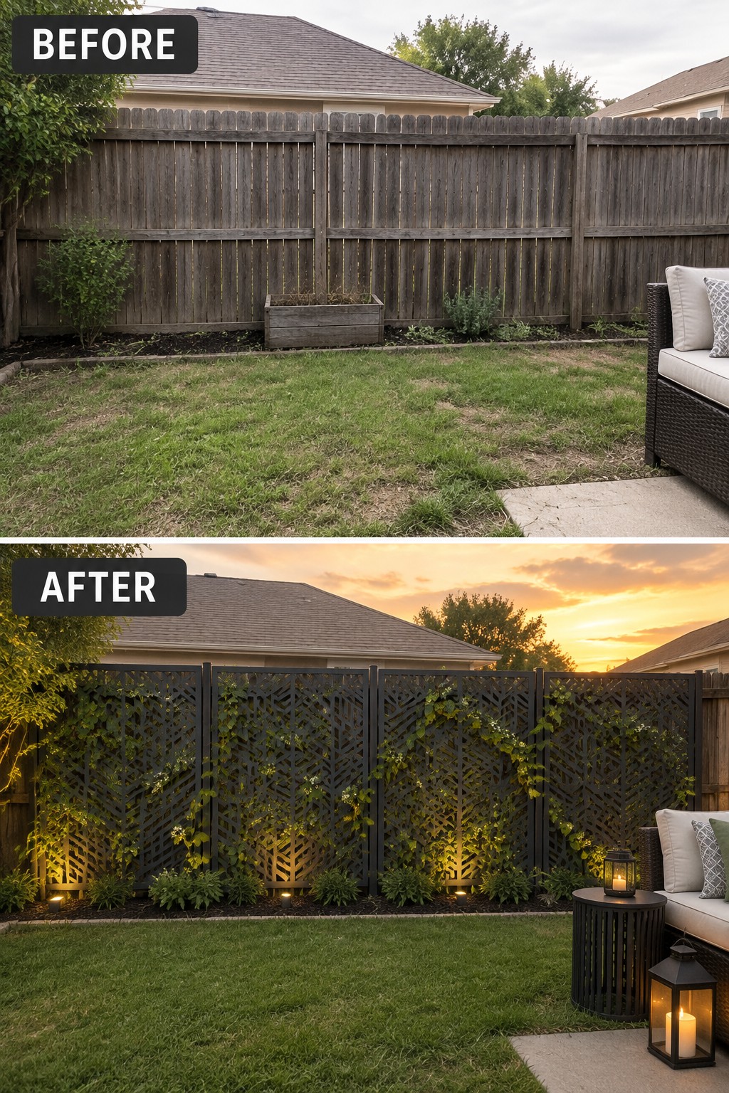 Before-and-after backyard: plain fence above, lit black trellis with vines below at sunset.