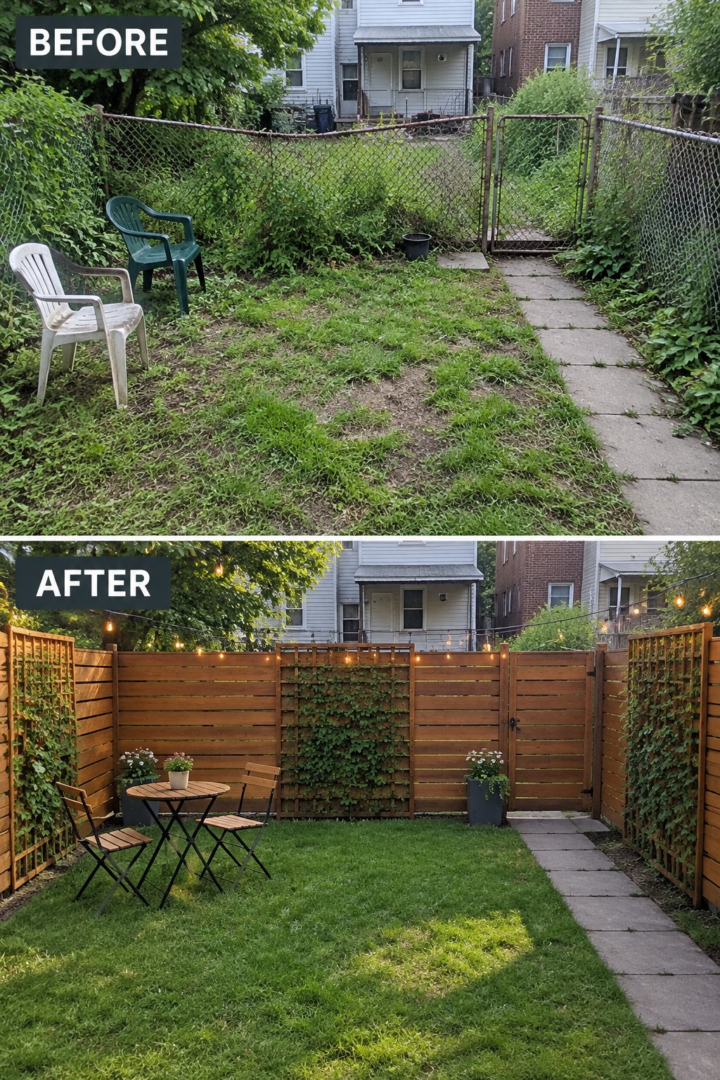 Backyard before and after: overgrown chain-link fence transformed into neat wooden fence with lights