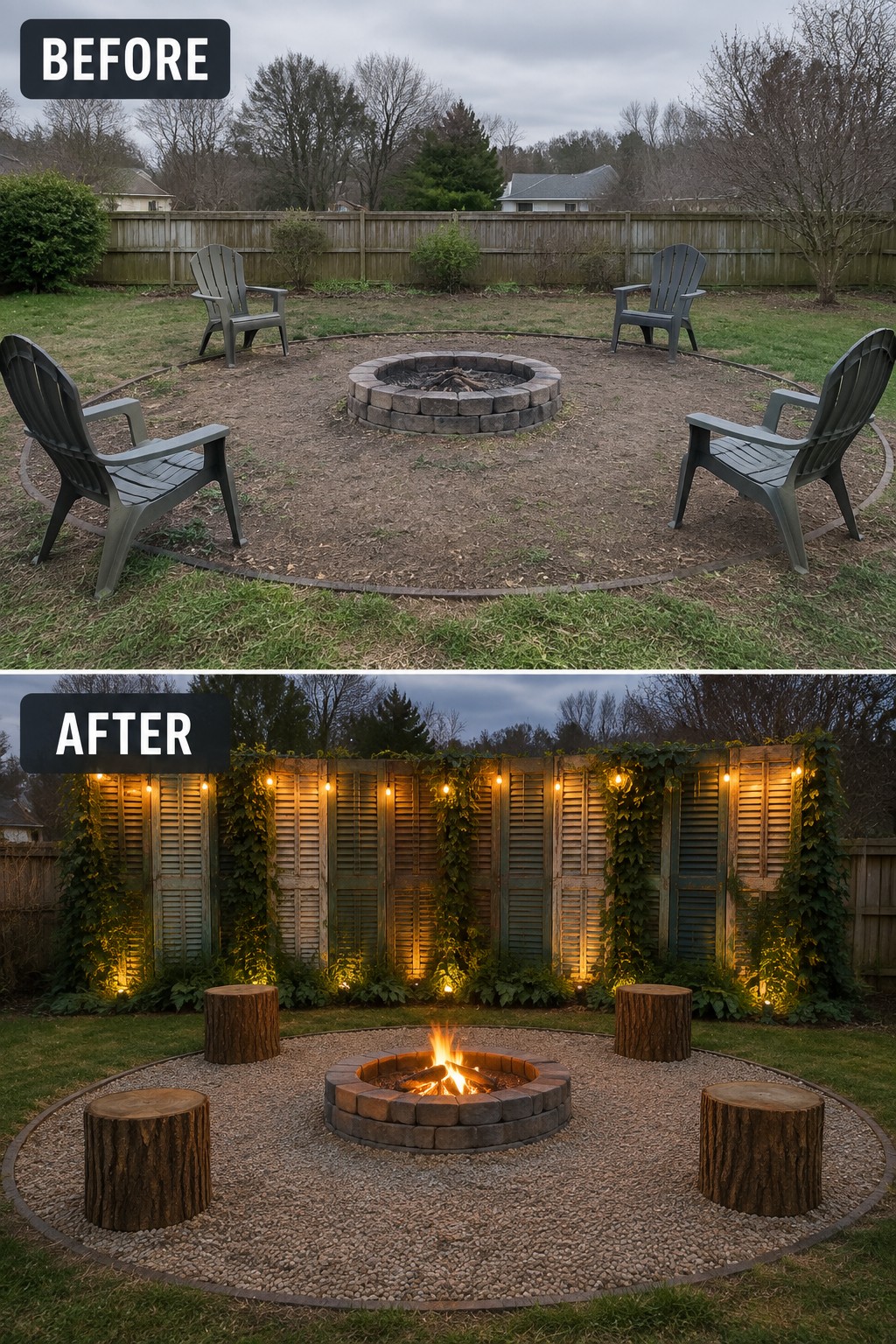 Before and after backyard fire pit with chairs, lights, shutters, and tree stumps