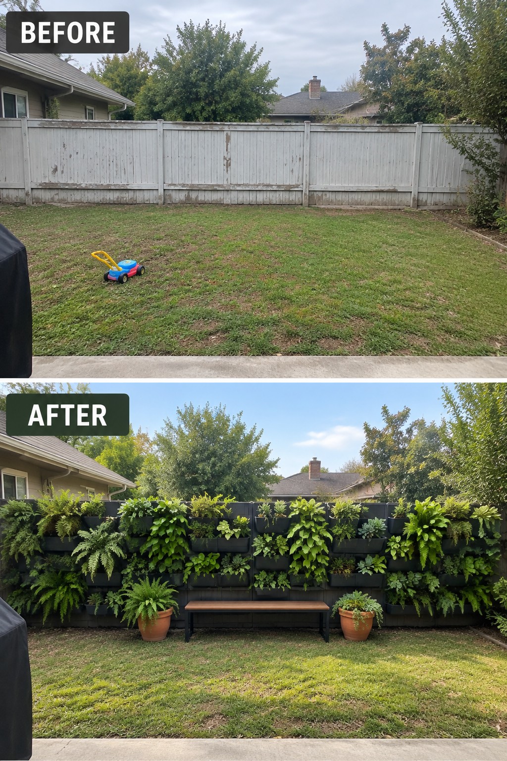 Before plain lawn and after lush vertical garden on fence with bench