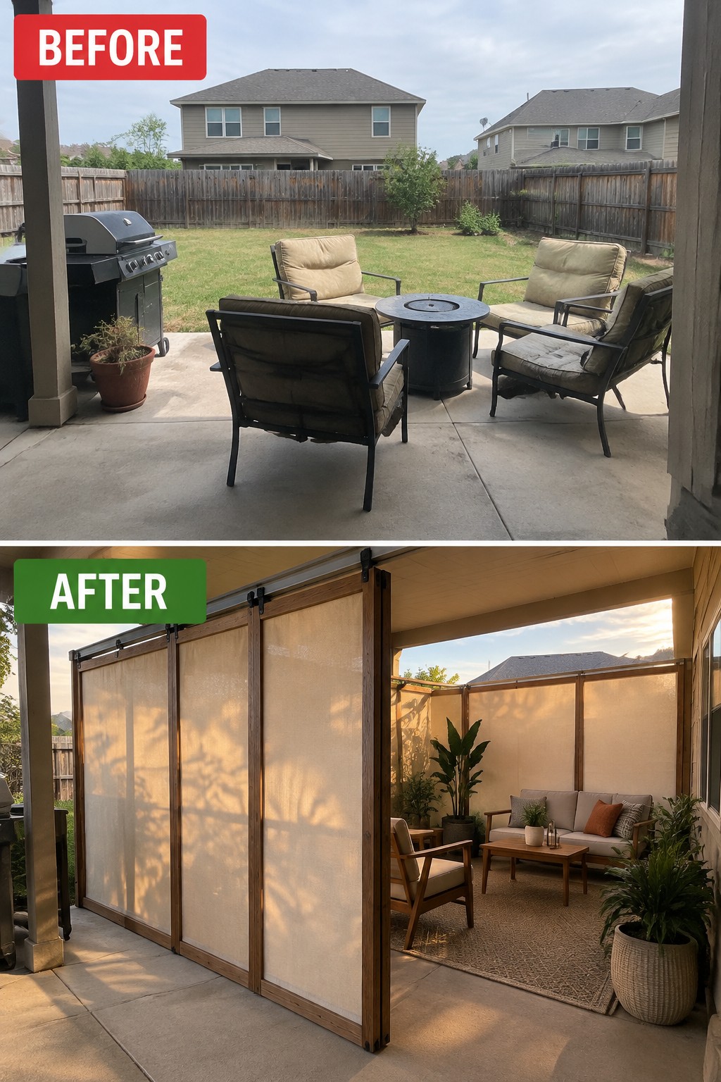 Before-and-after image of an open patio with seating transformed by adding wooden-framed privacy screens with fabric panels to create an enclosed outdoor area.