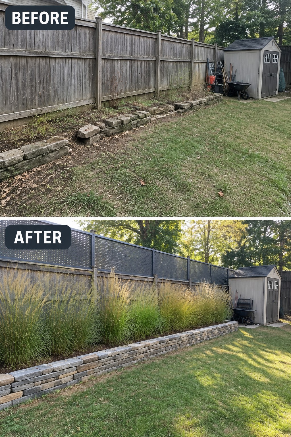Before and after backyard fence with added lattice and tall ornamental grasses