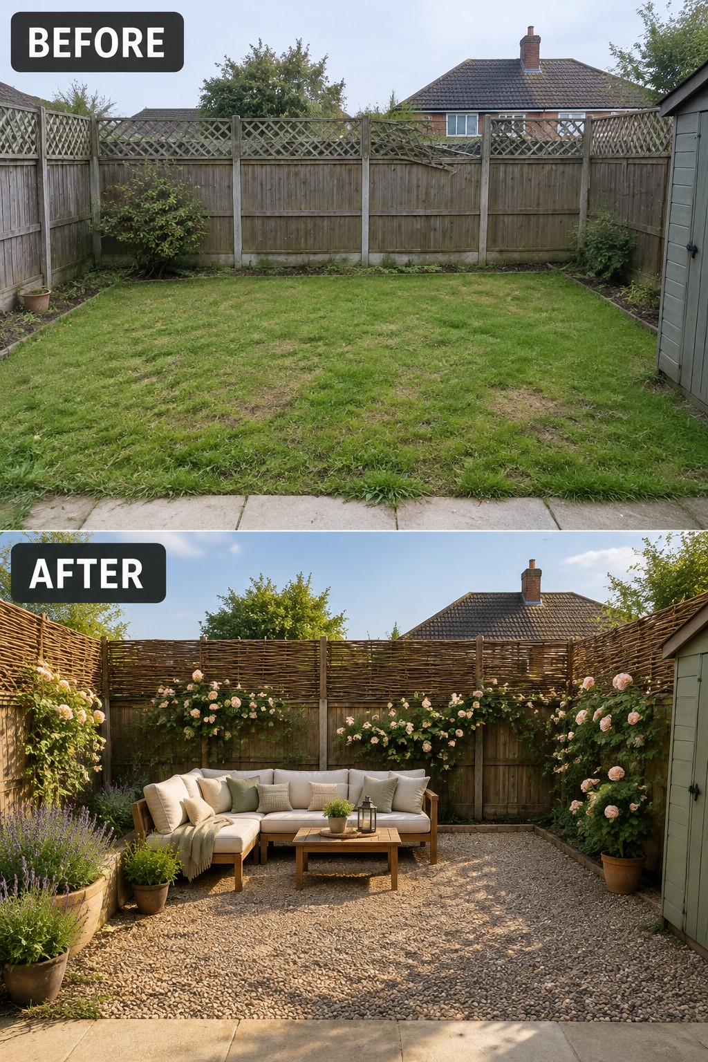Before empty lawn and after furnished gravel patio with sofa and flowers
