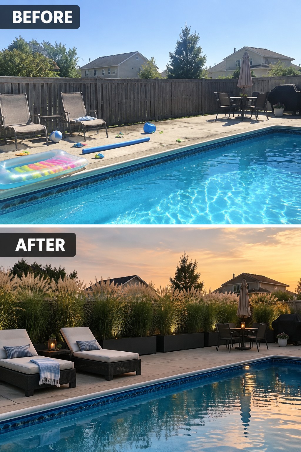 Before-after poolside: cluttered daytime toys and chairs transformed into sunset garden with tall grasses and loungers.