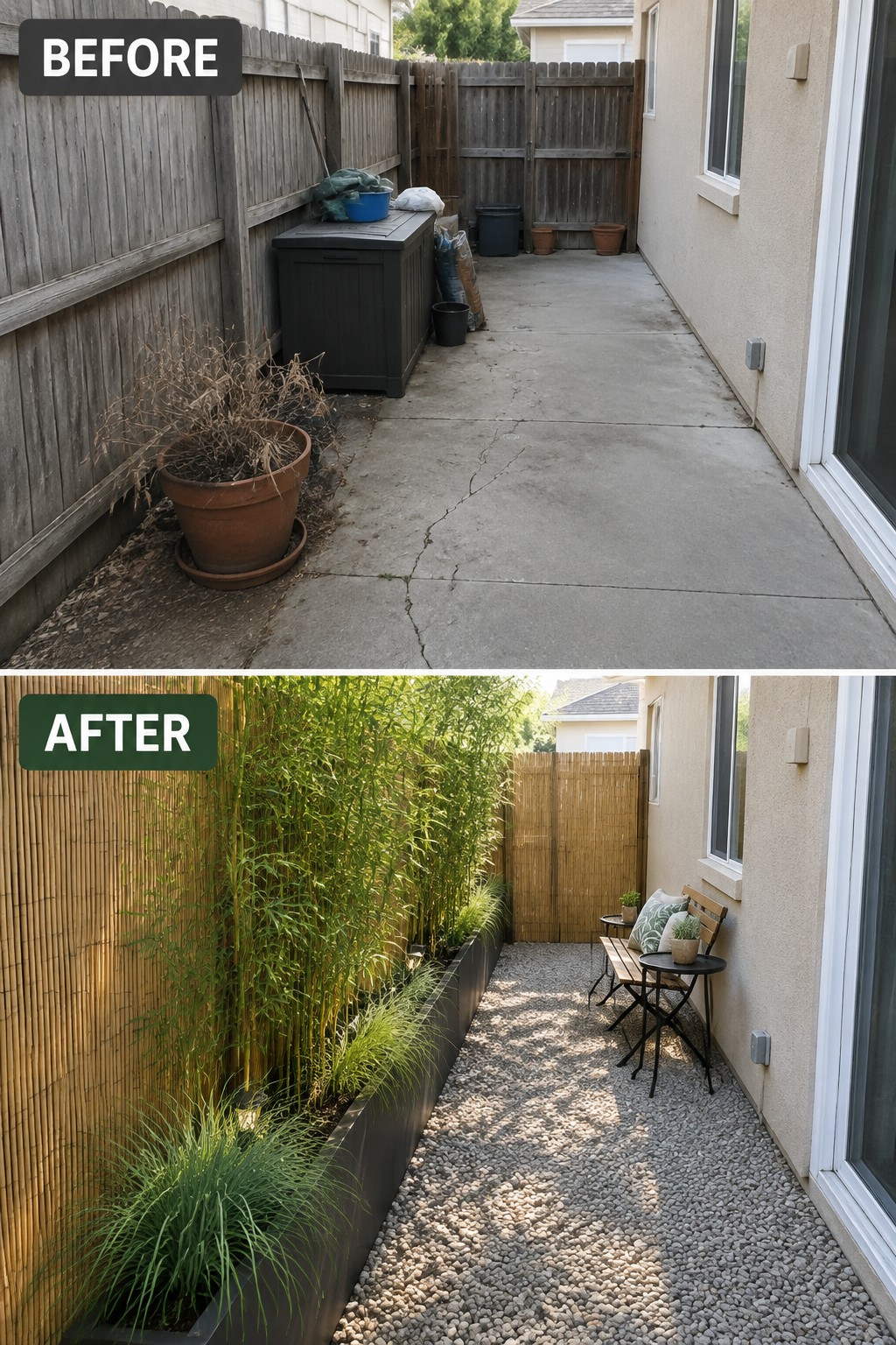 Before cluttered concrete patio with dead plant; after lush bamboo garden with gravel and bench.