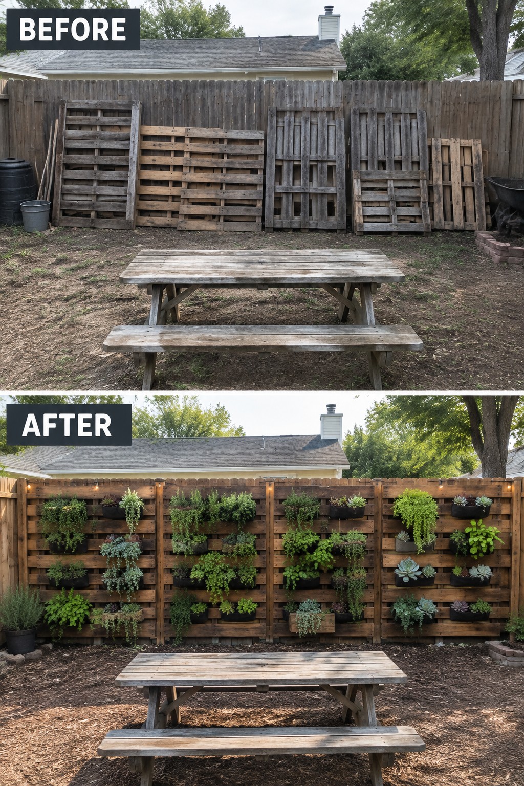 Before-and-after image of a bare backyard fence turned into a living privacy screen using vertical pallet planters filled with plants and string lights.