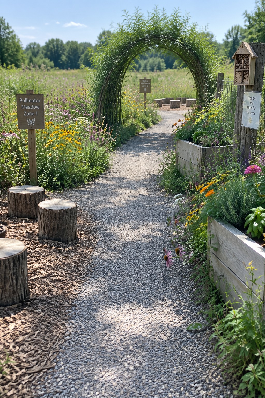 Gravel path winds through pollinator garden with wooden signs, arch, and flowers.
