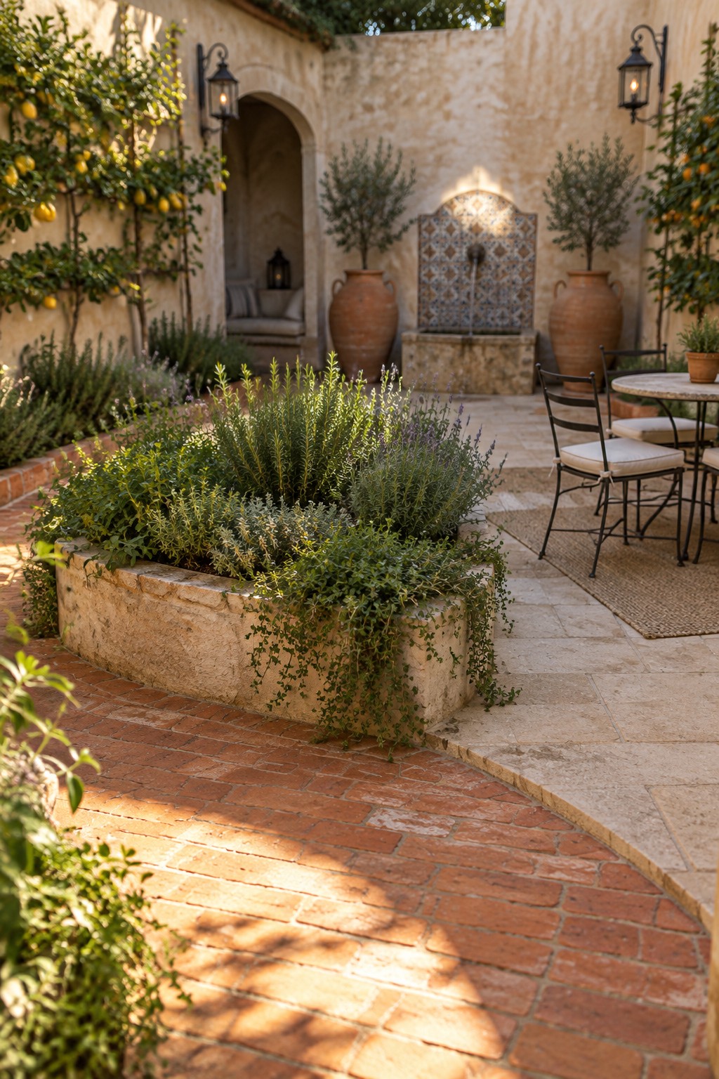 A curved brick path borders a large raised stone planter filled with herbs and trailing greenery, with potted olive trees and a tiled fountain visible in the background.