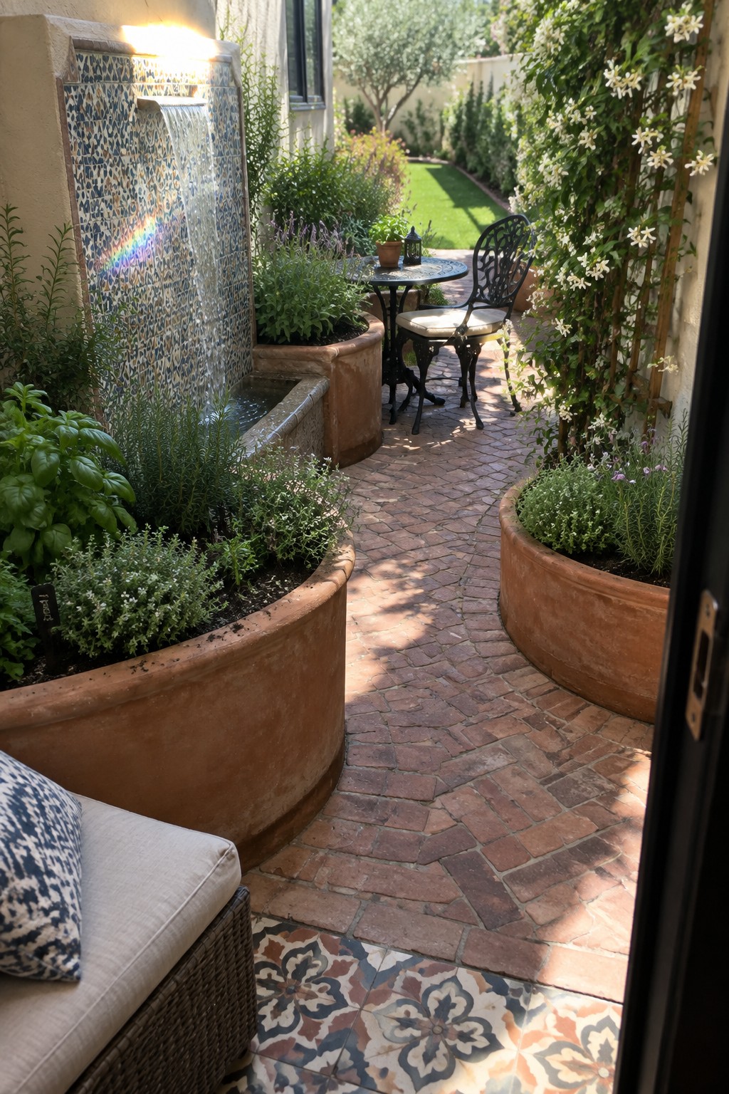 A curved brick path runs between large terracotta planters past a tiled fountain in a courtyard garden.