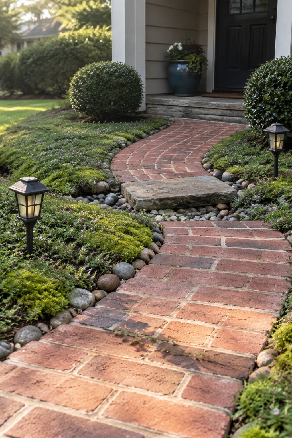 Curved red brick path with stone slab, rocks, plants, and solar lights to door.
