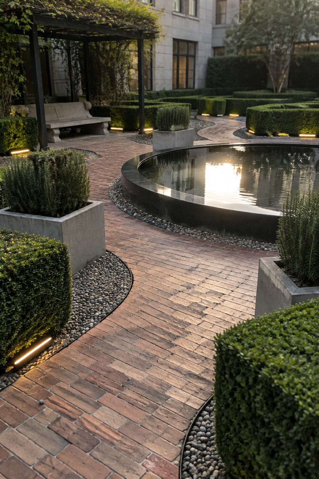 A garden view showing curved red brick paths with gravel borders, concrete planters with shrubs, and a round dark stone water feature.