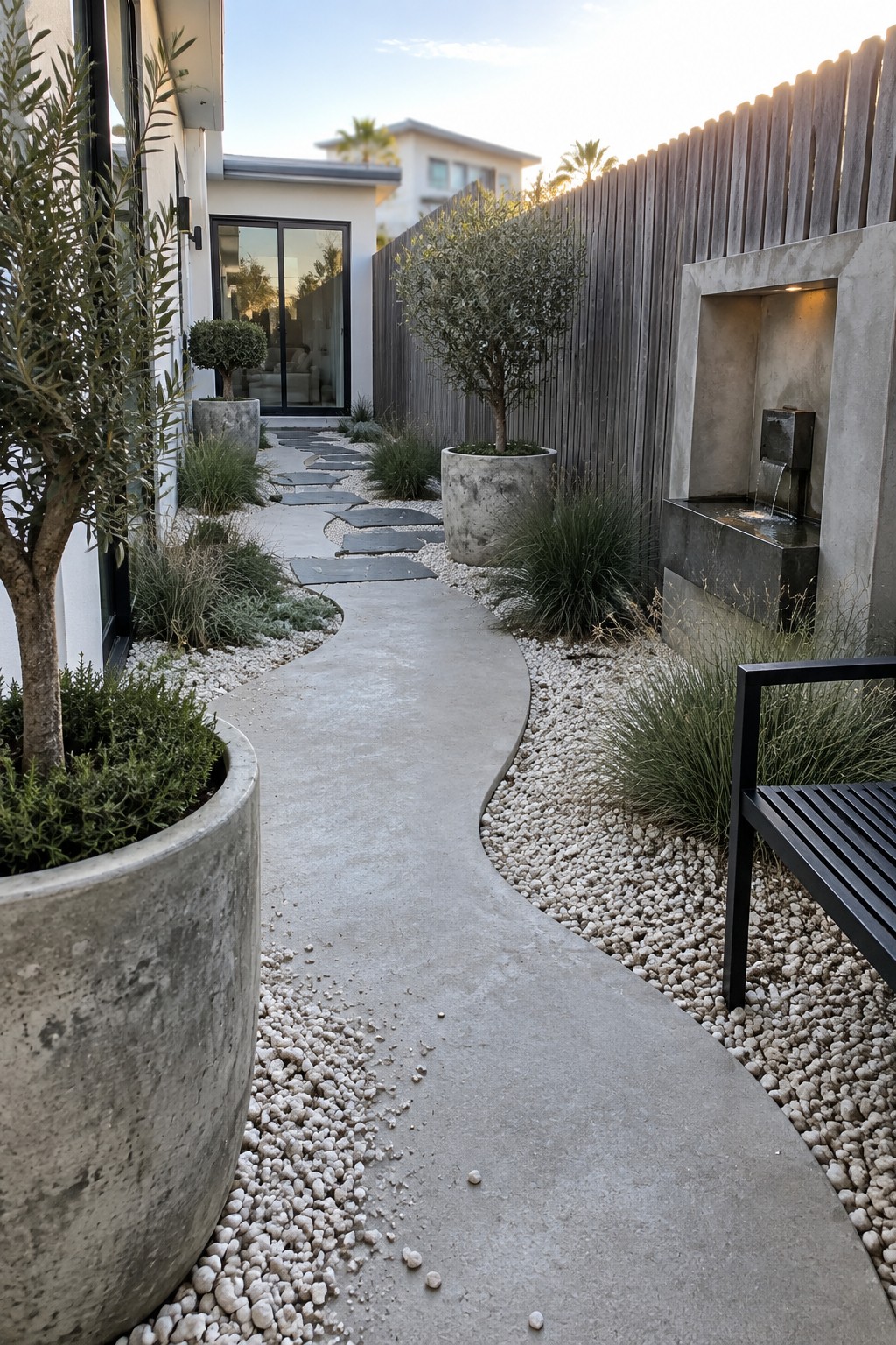 A winding concrete path curves through a garden lined with large concrete planters, ornamental grasses, gravel beds, and a built-in water feature on the right.