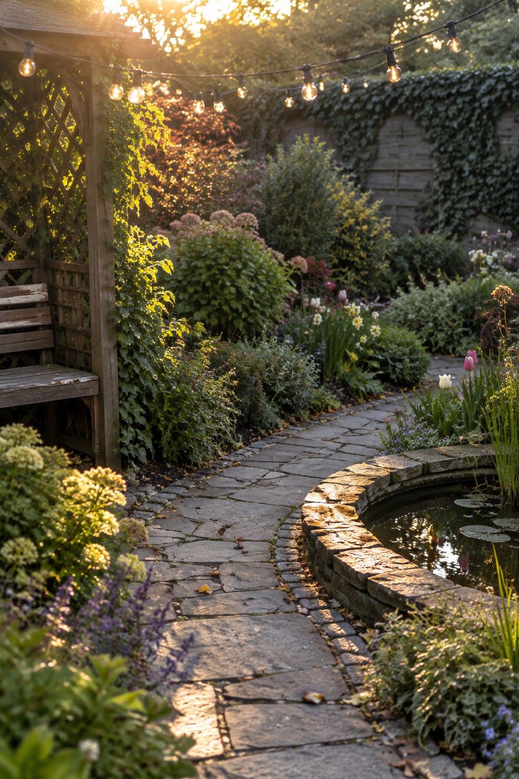 A curved stone path winds through a garden with dense flower beds, shrubs, a small pond, and overhead string lights at sunset.