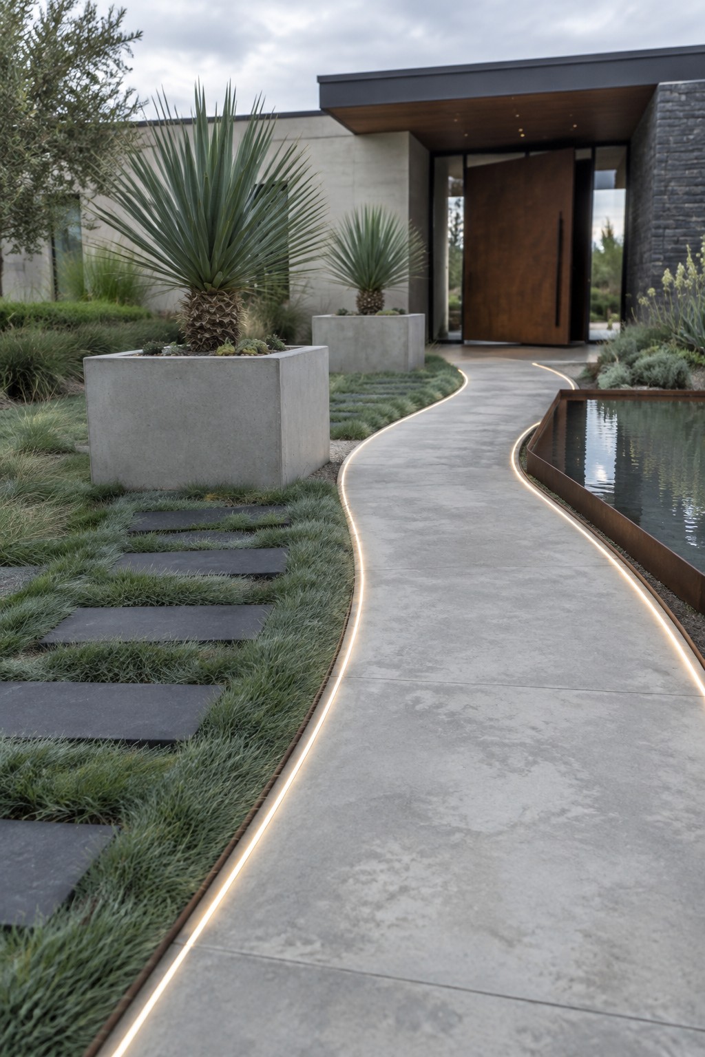 A curved concrete garden path with glowing edge lighting leads toward a modern house entrance, with stepping stones through grass on one side and a water feature on the other.