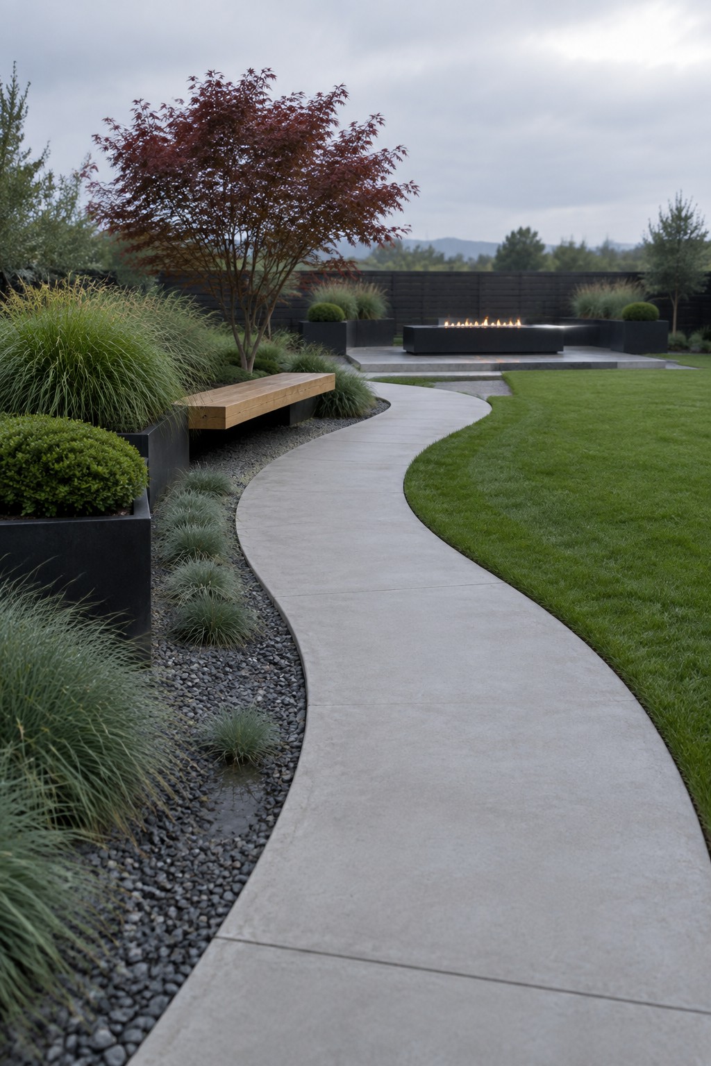 A curving concrete garden path runs between a mowed lawn and planted beds with a wooden bench along the edge.