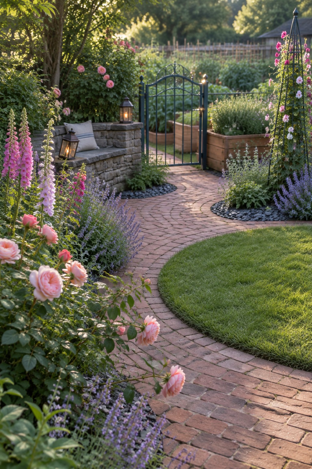 A winding brick path curves through flower beds of pink roses and purple blooms toward a metal gate in a garden setting.