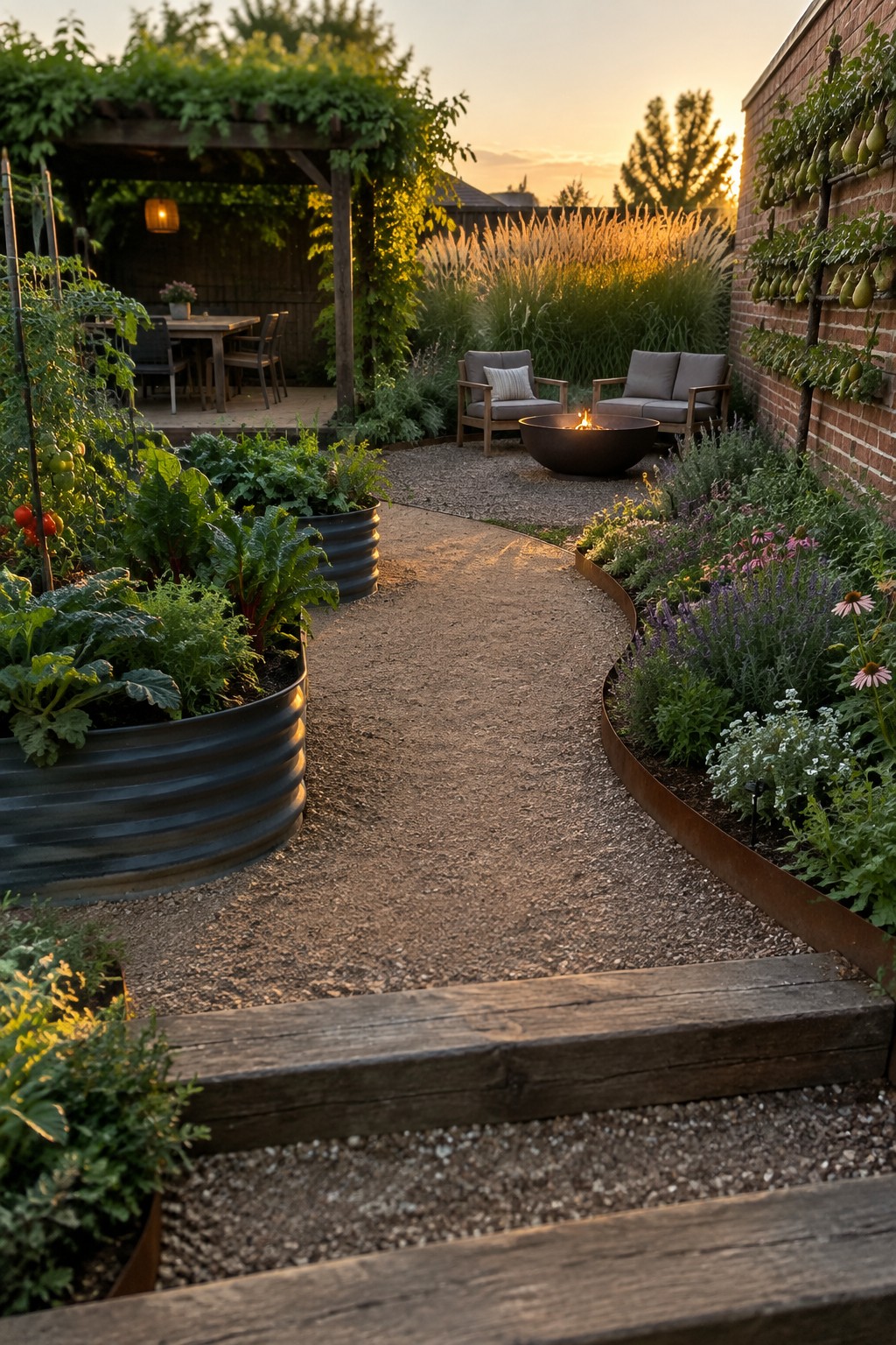 A gravel path curves through a landscaped garden bordered by raised metal beds filled with vegetables on one side and flowering plants on the other, with a fire pit and seating visible ahead.