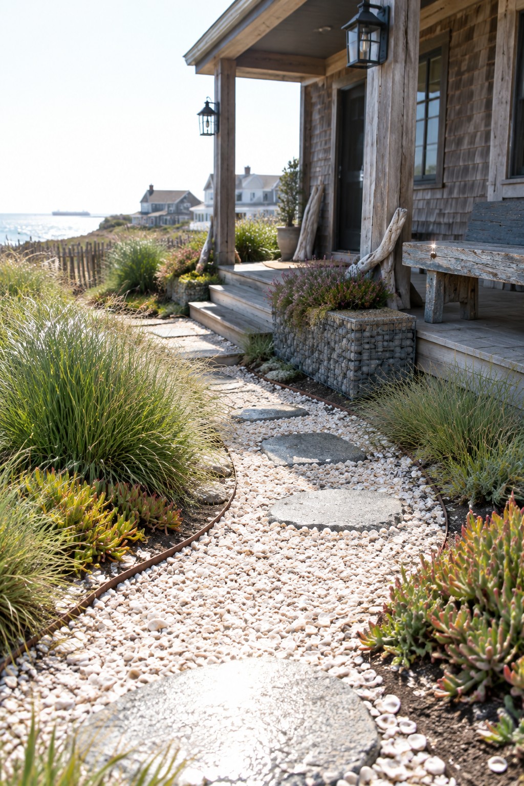 A curved garden path of large round stepping stones set in white gravel leads toward a wooden house porch, bordered by grasses and low plants.