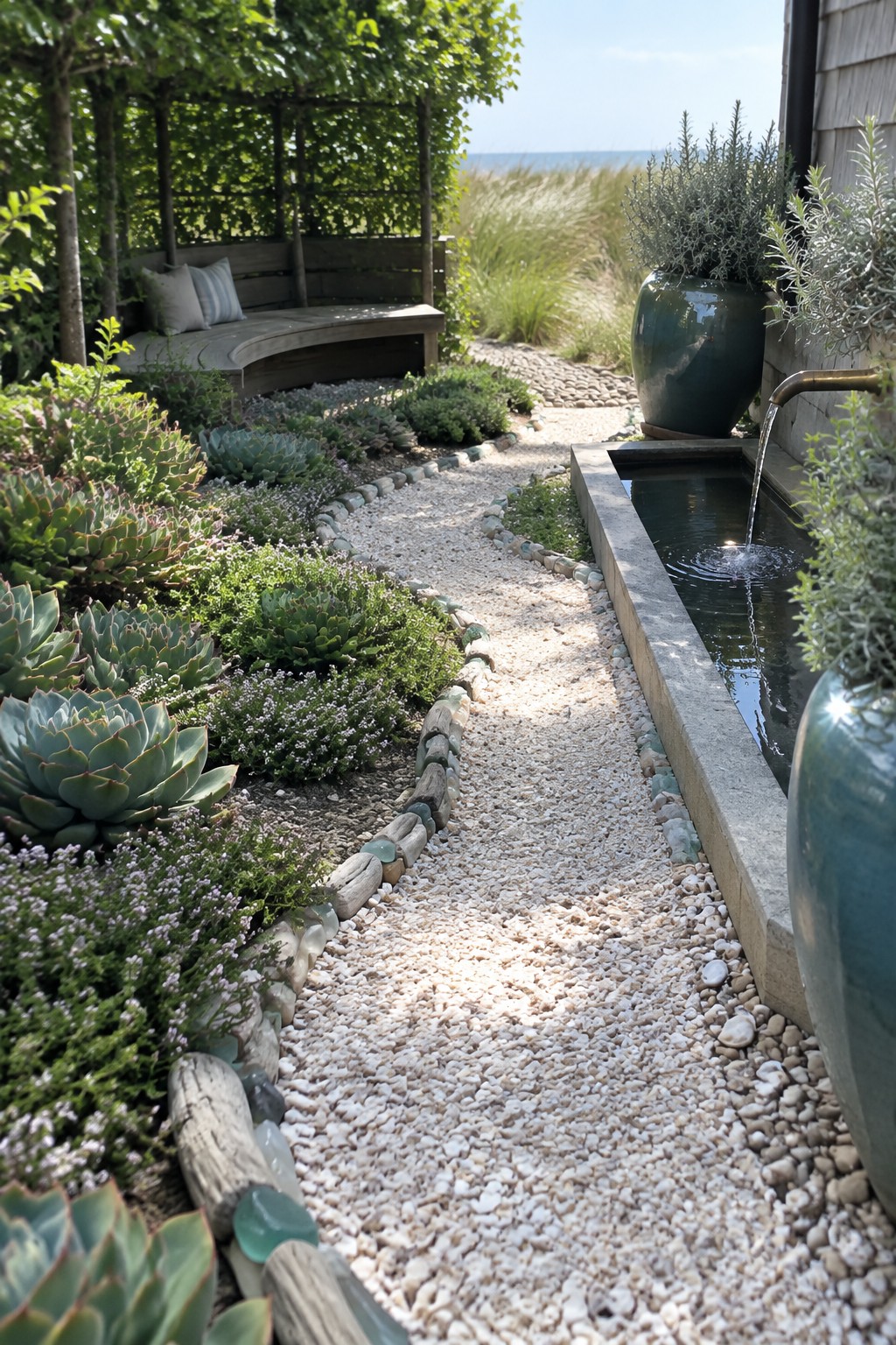 A curved gravel path runs beside a long concrete water channel, bordered by succulents and low plants with a wooden bench visible in the background.