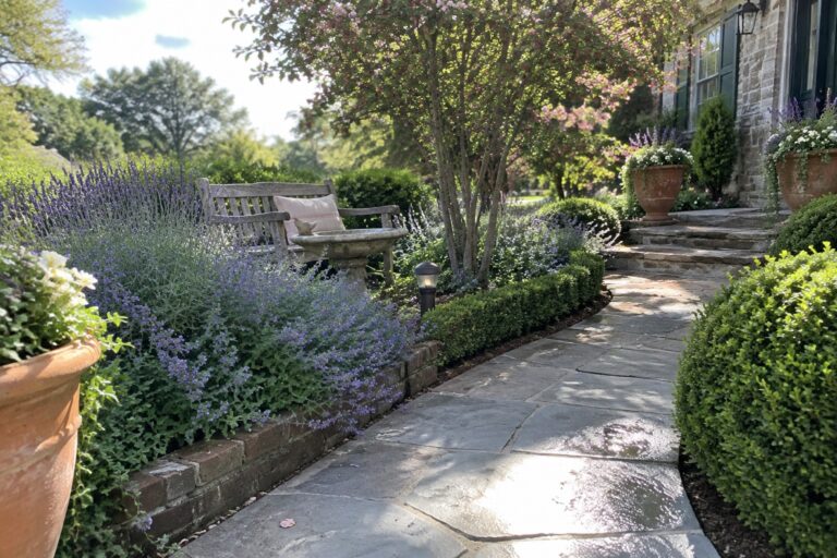 19 Practical Landscaping Ideas With Curved Garden Paths A curved flagstone path runs between low green shrubs and lavender beds, leading toward stone steps with a wooden bench and potted plants nearby.
