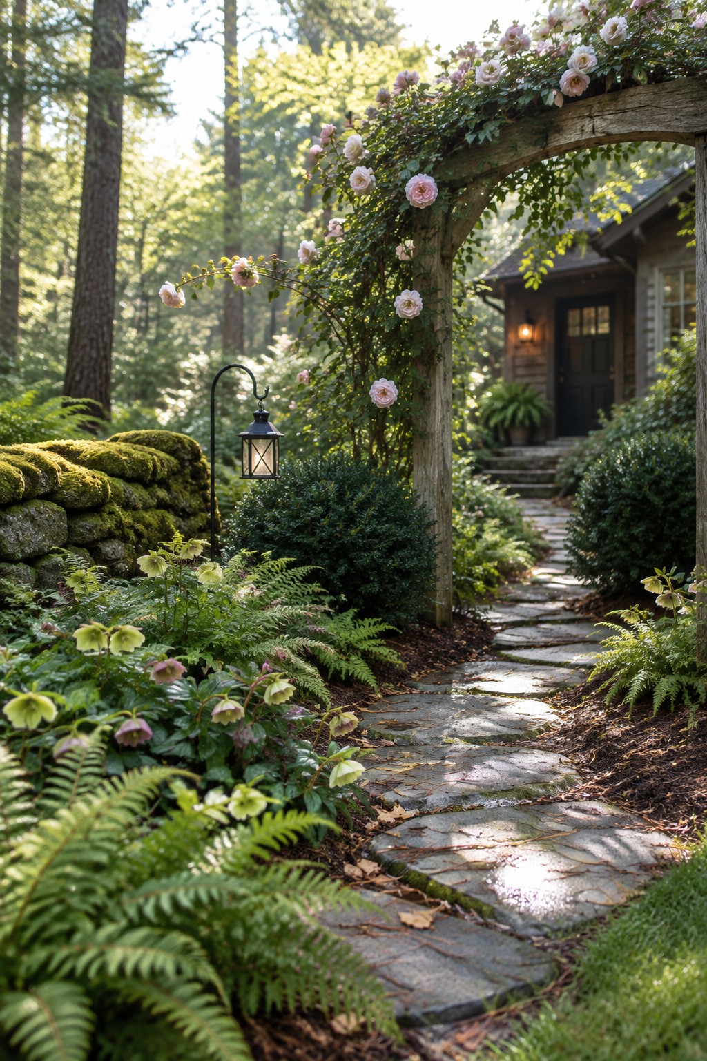 A winding stone path curves through dense ferns and flowering plants under a wooden arch covered in pink roses, with a lantern beside the path and a house visible at the end.