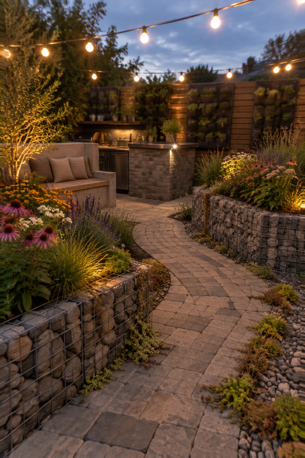 A curved stone pathway winds through a garden with gabion retaining walls, colorful flower beds, and string lights overhead at dusk.