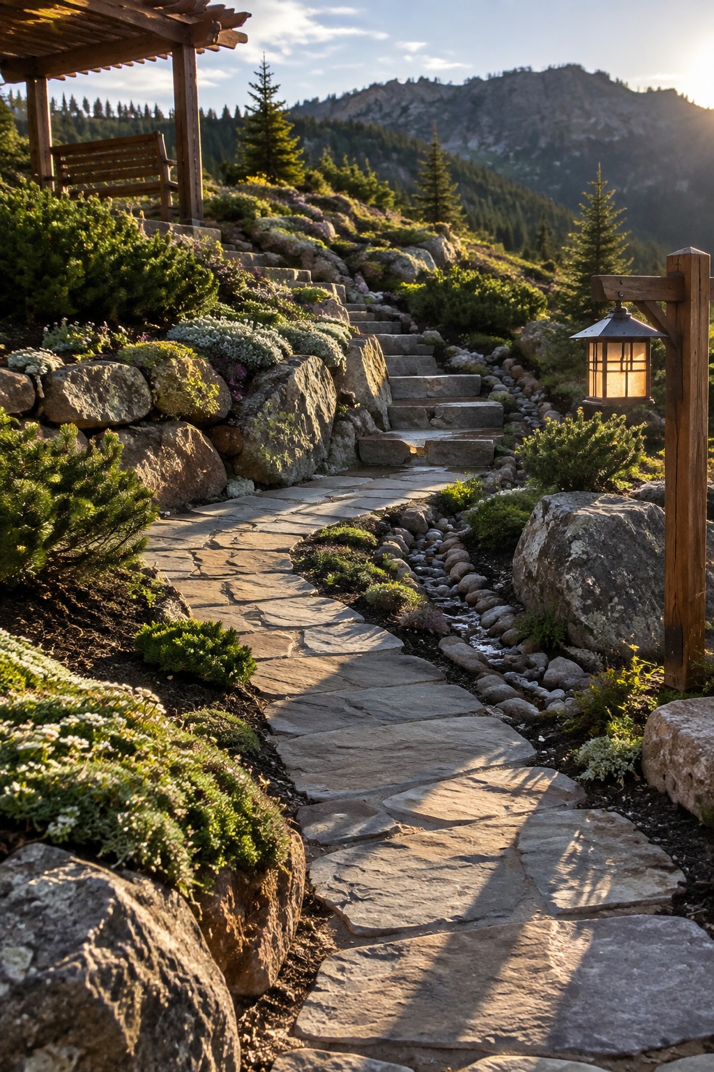 Stone path winds through rocky garden to steps, lit lantern, mountain view at sunset.