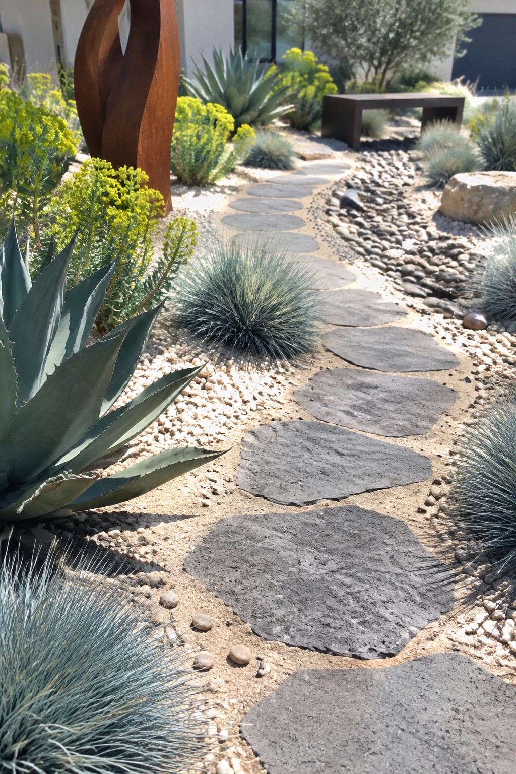 Stepping stone path curves through gravel garden with succulents, grasses, and rusty sculpture.