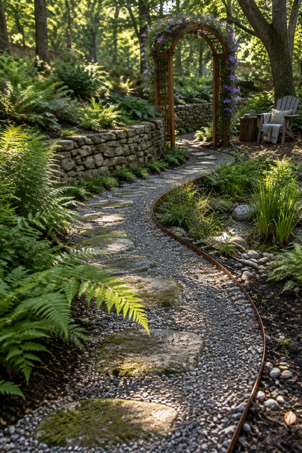 A gravel path with large mossy stepping stones curves through ferns and garden beds toward a wooden arch covered in purple flowers.
