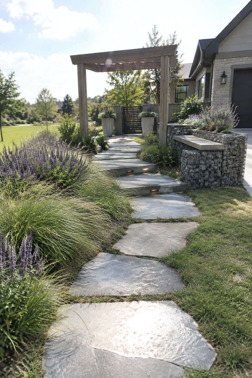 Stone path with lights winds through purple flowers to wooden pergola and house
