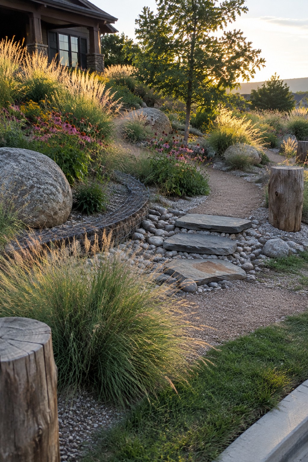 Winding gravel path with stone steps amid boulders, grasses, and wildflowers at sunset