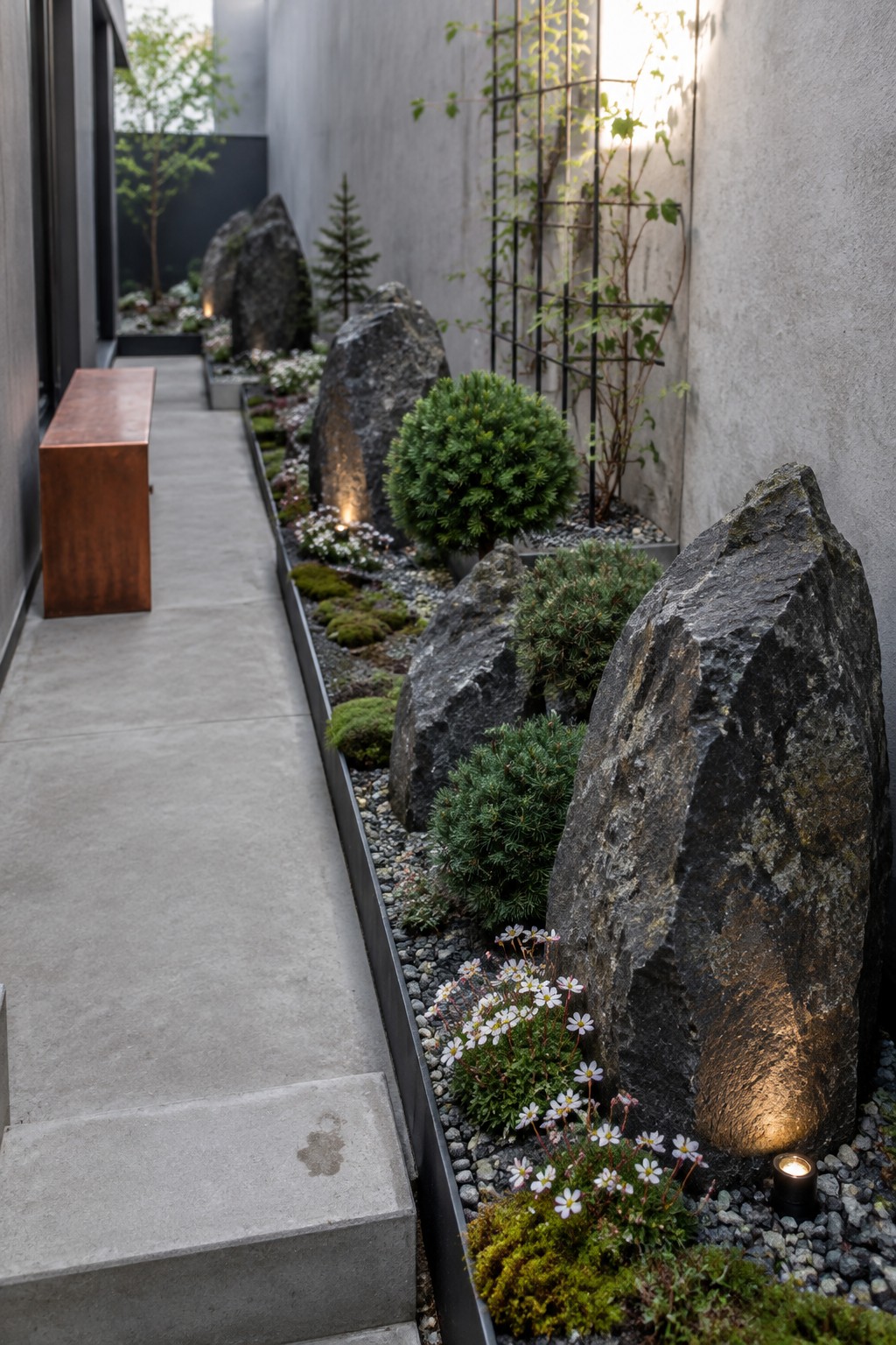 A narrow concrete walkway borders a long planting bed containing large dark boulders, gravel, shrubs, moss, and clusters of small white flowers.