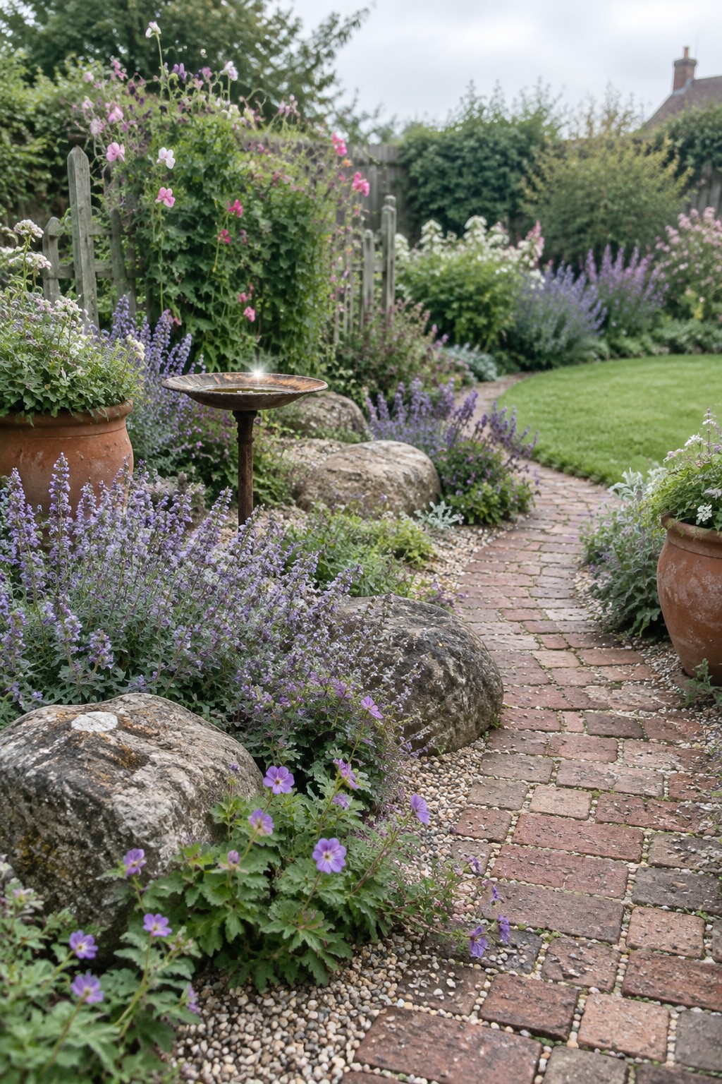Brick path curving through lush garden with purple flowers and large rocks.