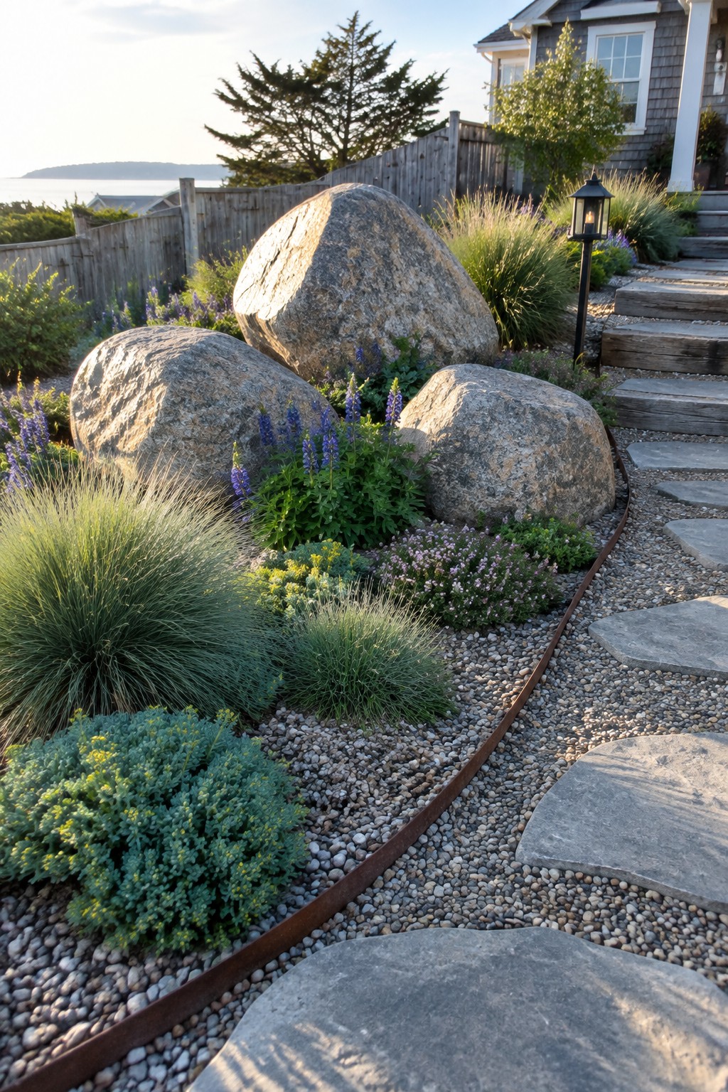 A gravel garden features several large boulders surrounded by low green and flowering plants, with a rusted metal edge and stone stepping stones leading past wooden stairs toward a house.