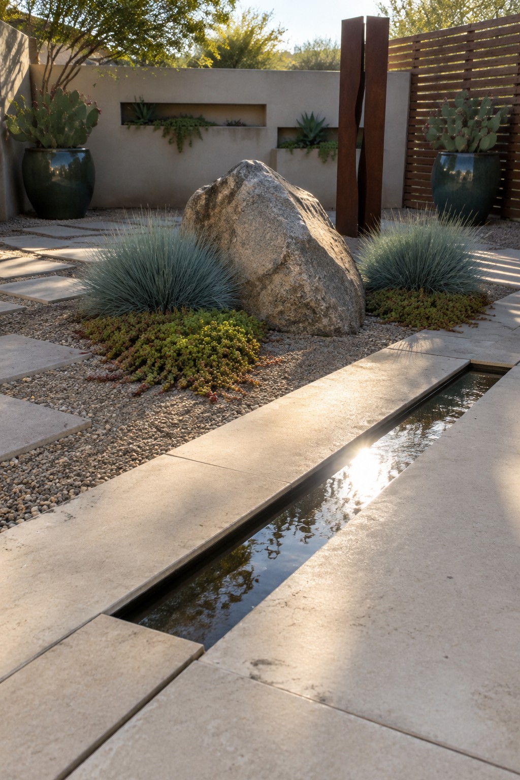 Modern garden with linear water channel, boulder, grasses, and potted cacti.