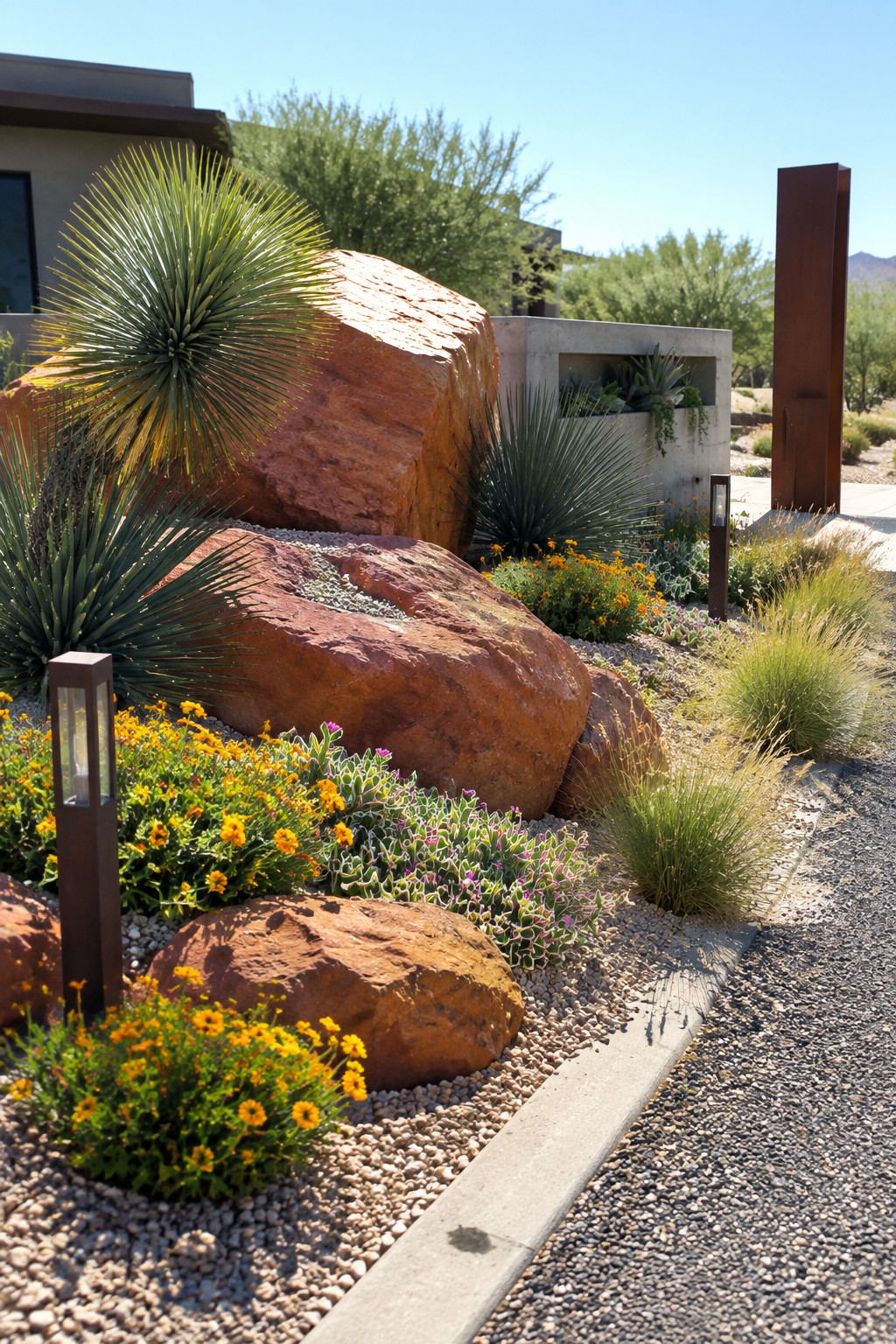 Desert garden with large red boulders, yellow flowers, spiky plants, and gravel.