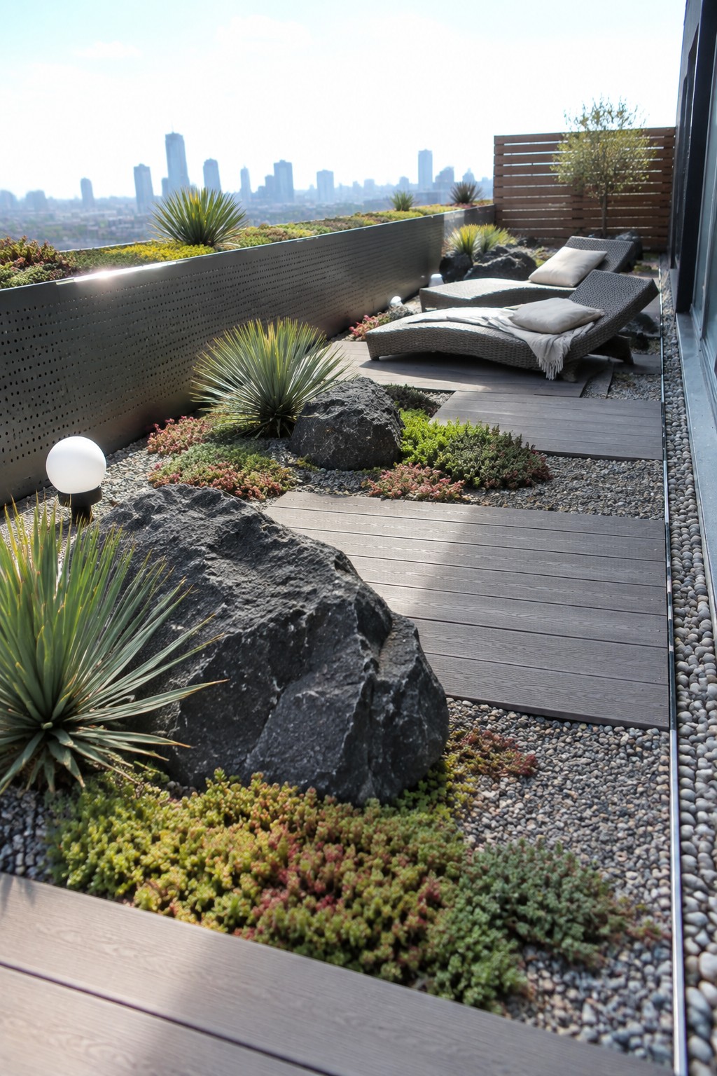 A rooftop terrace features large dark boulders nestled among gravel and low green and red plants, with a wooden walkway and two lounge chairs.