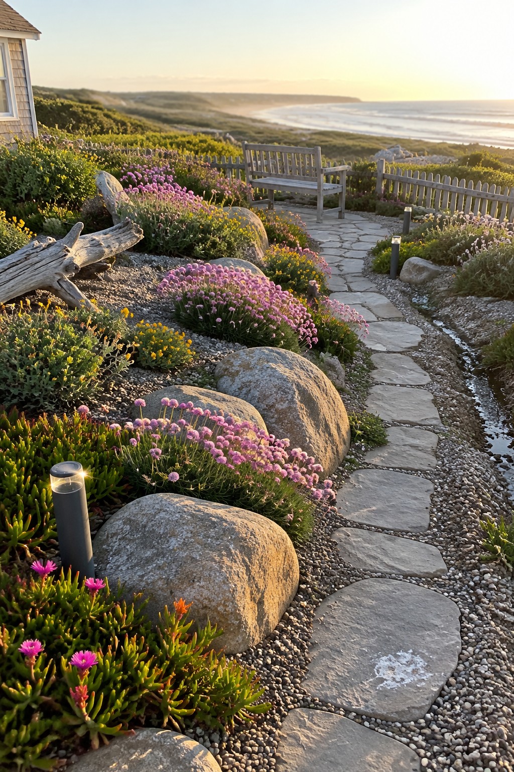 A winding stone path runs through a coastal garden with large gray boulders, clusters of pink flowers in gravel planting pockets, and a wooden bench overlooking the ocean.