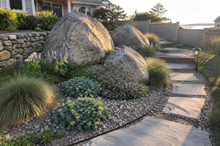 16 Rugged Rock Garden Design Ideas Featuring Boulders and Gravel Planting Pockets A gravel garden features several large boulders surrounded by low green and flowering plants, with a rusted metal edge and stone stepping stones leading past wooden stairs toward a house.