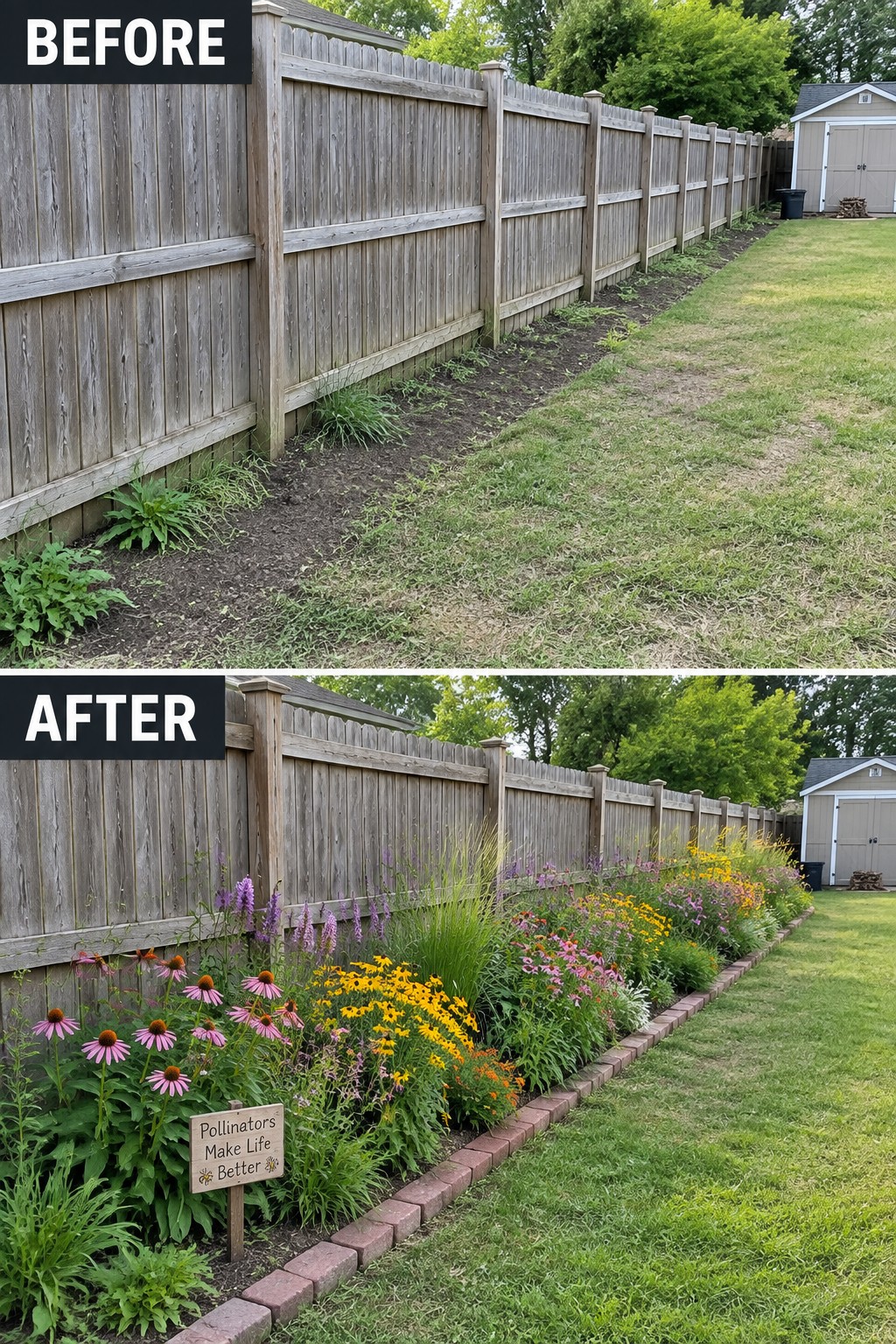 Before-and-after backyard fence line from bare dirt to colorful blooming flower garden with sign.