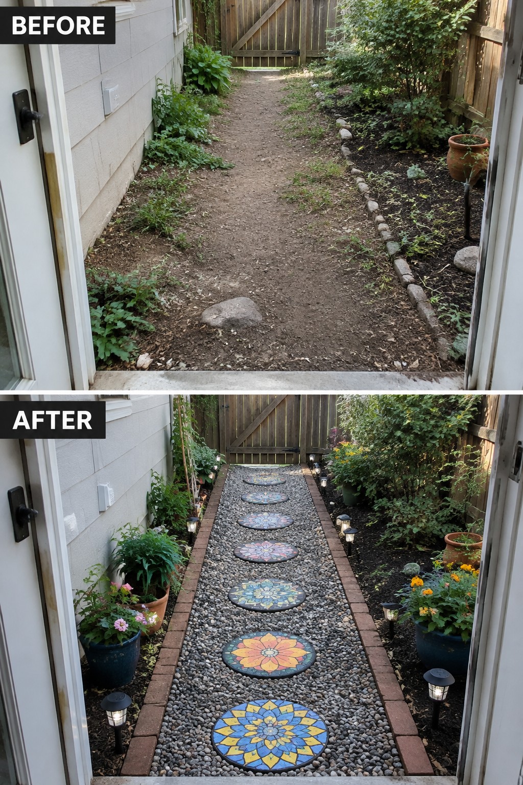 Before-and-after image of an overgrown dirt path changed into a gravel walkway lined with colorful stepping stones, brick edging, potted plants, and small lights.
