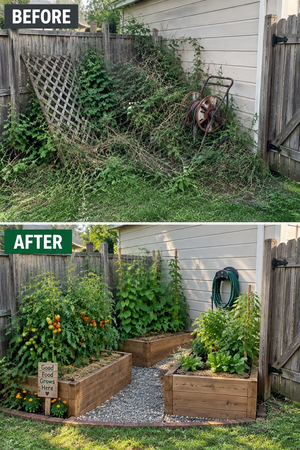 Before and after backyard garden makeover with raised beds and tomato plants.