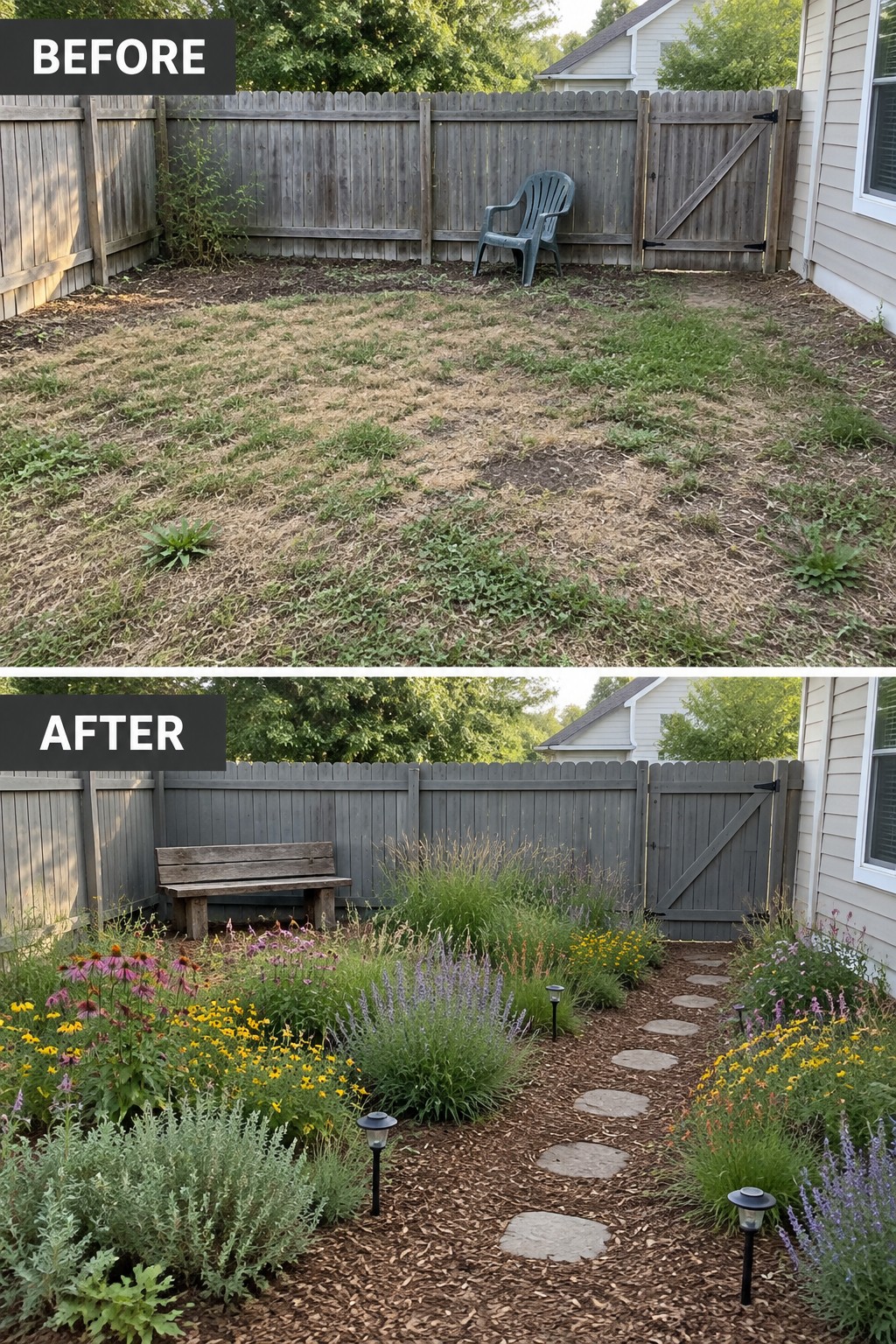 Before-and-after backyard transformation: weedy lawn to colorful garden with path, bench, and flowers