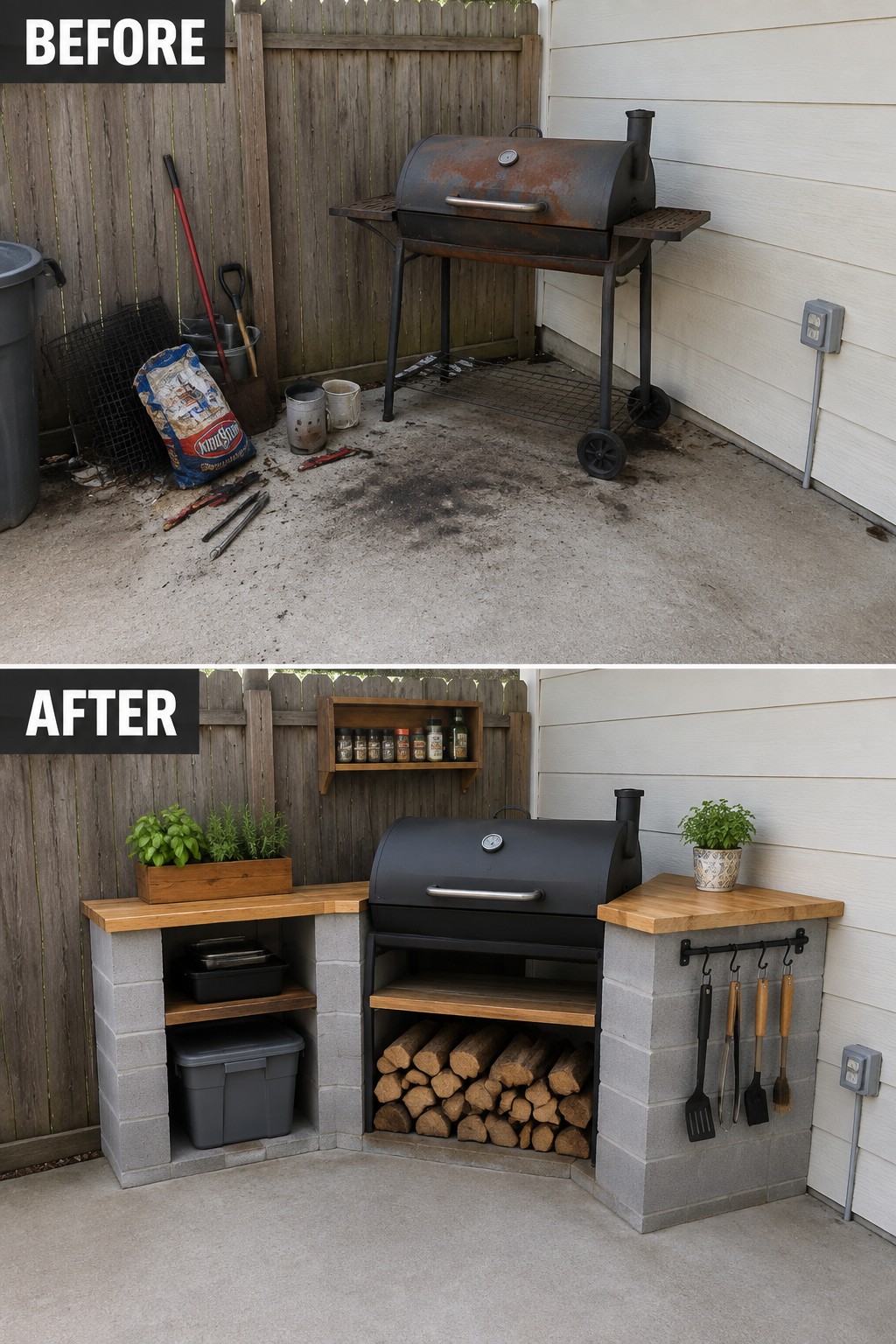 Before-and-after image of a cluttered outdoor grill area changed into an organized cooking station with cinder block counters, wood tops, and built-in storage.