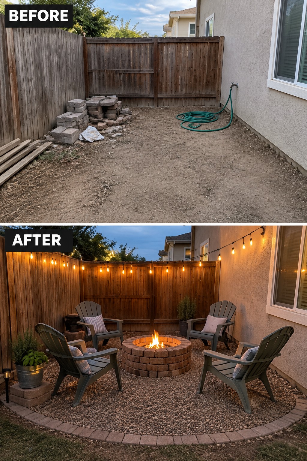 Before-and-after image of a bare dirt backyard changed into a gravel fire pit seating area with chairs and string lights.